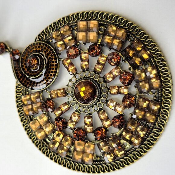 Amber Brown Rhinestone Circular Statement Earrings - Picture 3 of 7